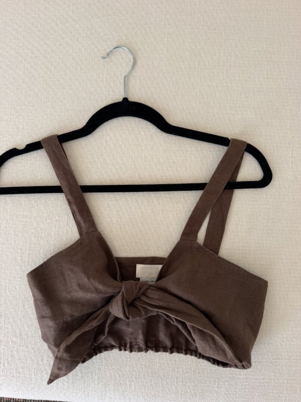 POSSE Micky Linen Bandeau Top Brown Taupe Self-Tie Front Bow XS